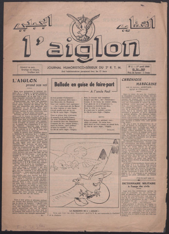 L'Aiglon. Journal humoristico-serieux du 3e R.T.M.; Seul hebdomadaire paraissant tous les quinze jours