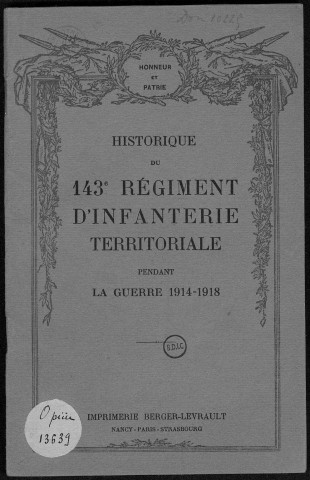 Historique du 143ème régiment territorial d'infanterie