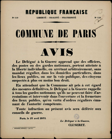 N° 159. Le délégué à la Guerre apprend que des officiers portent atteinte à la liberté individuelle