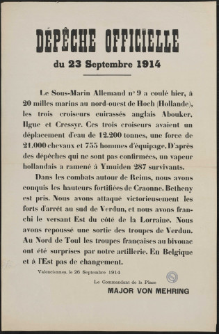 Dépêche officielle : Le sous-marin allemand n°9 a coulé... les trois cuirassés anglais