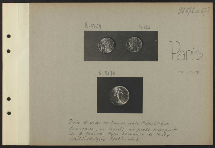 Paris. Pièce d'or de 20 francs de la République française, en haut ; et pièce d'argent de 2 francs, type Semeuse de Roty (Bibliothèque nationale)