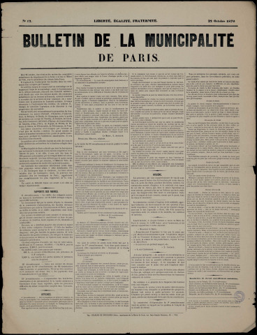 Bulletin de la municipalité de Paris n° 12 : rapports des maires… Hygiène…
