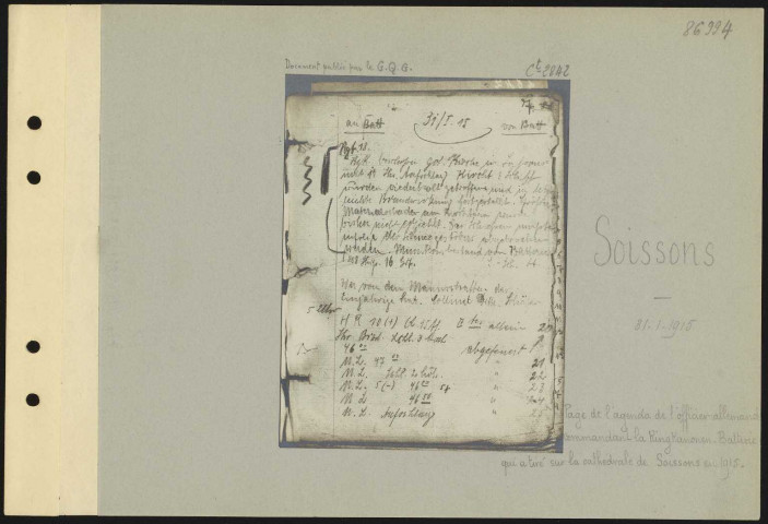 Soissons. Page de l'agenda de l'officier allemand commandant la Ringkanonen. Batterie qui a tiré sur la cathédrale de Soissons en 1915