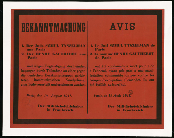 Der Jude Szmul Tyszelman... Der Henry Gautherot... zum Tode verurteilt = Le juif Szmul Tyszelman... Le nommé Henry Gautherot... ont été condamnés à mort