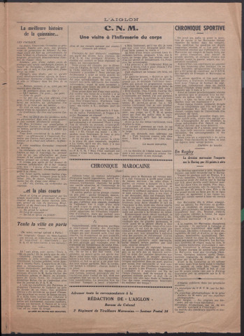 L'Aiglon. Journal humoristico-serieux du 3e R.T.M.; Seul hebdomadaire paraissant tous les quinze jours