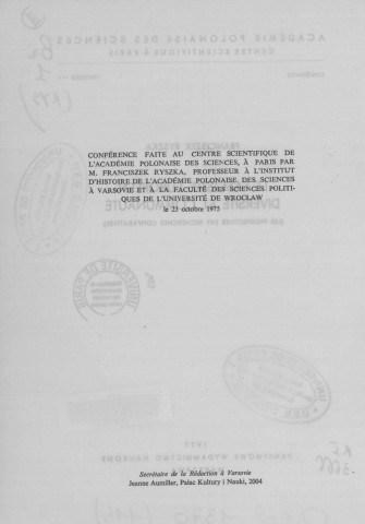 Conférences (1977; n°114; 116)  Sous-Titre : Académie Polonaise des Sciences et Lettres Centre polonais de recherches scientifiques de Paris