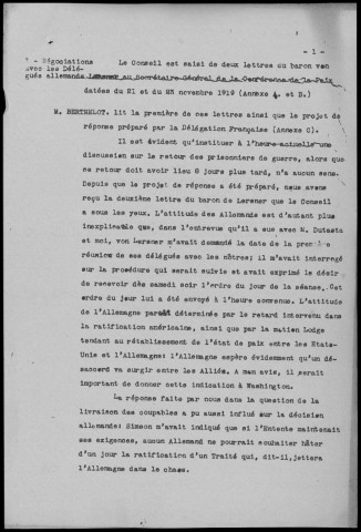 Réunion du 24 novembre 1919 à 10h30. Sous-Titre : Conférences de la paix