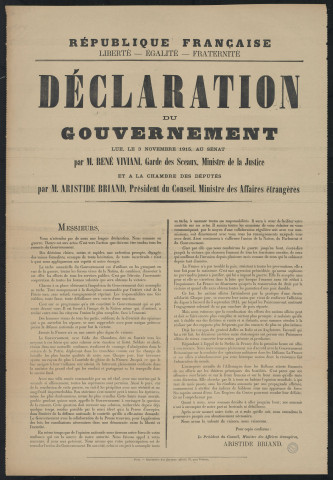 Déclaration du gouvernement lue, le 3 novembre 1915, au Sénat par M. René Viviani, garde des Sceaux, ministre de la Justice et à la Chambre des députés par M.Aristide Briand, président du Conseil, ministre des Affaires étrangères