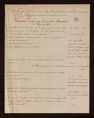 Tourcoing (59) : réponse au questionnaire sur le territoire occupé par les armées allemandes