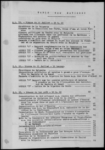 TABLE DES MATIERES : Conférences de Paix. Procès Verbaux et Résolutions.- Conférences et réunions du 30 juillet au 5 août 1919. Sous-Titre : Conférences de la paix
