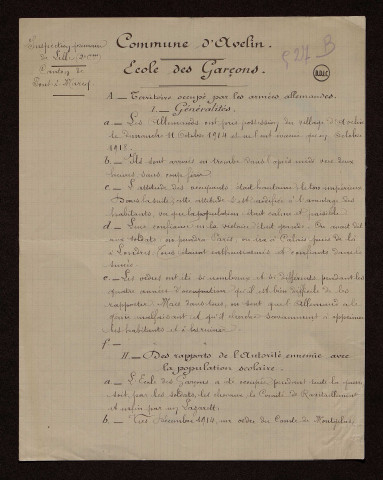 Avelin (59) : réponse au questionnaire sur le territoire occupé par les armées allemandes