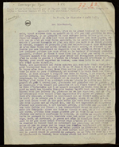 Copie d'une lettre du Sapeur Léon Racineux, 6ème Régiment du Génie, Compagnie 11/13 à son lieutenant blessé
