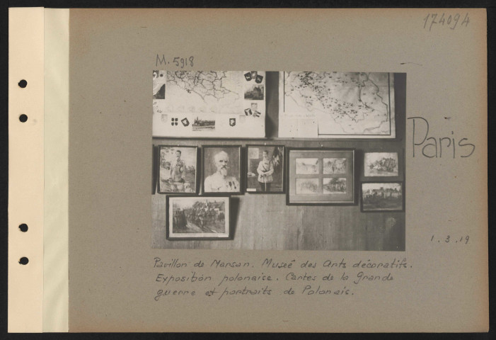 Paris. Pavillon de Marsan. Musée des arts décoratifs. Exposition polonaise. Cartes de la grande guerre et portraits de Polonais