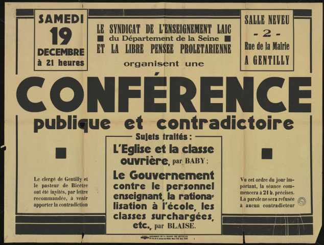 Conférence publique et contradictoire : l'Eglise et la classe ouvrière& le gouvernement contre le personnel enseignant&