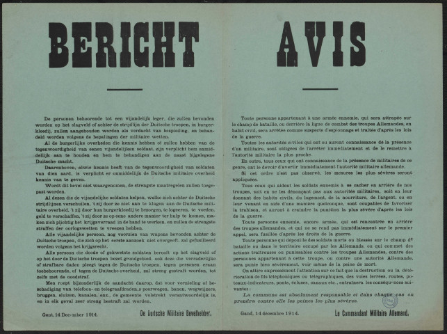De personen behoorende töt een vijandelijk leger ... zullen aangehouden worden als verdacht van bespieding = Toute personne appartenant à une armée ennemie ... sera arrêtée comme suspecte d'espionnage