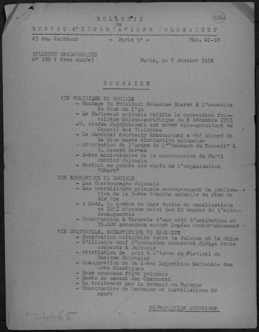 Bulletin du Bureau d'Informations Polonaises - 1952 - n°185-n°235Autre titre : Bulletin d'Informations