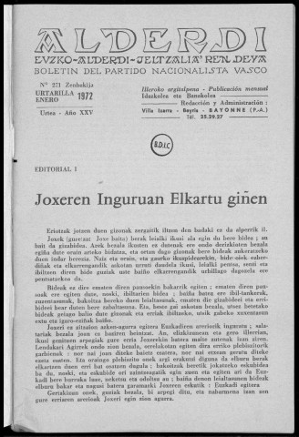 Alderdi (1972 : n° 271-280). Sous-Titre : Boletín del Partido nacionalista vasco