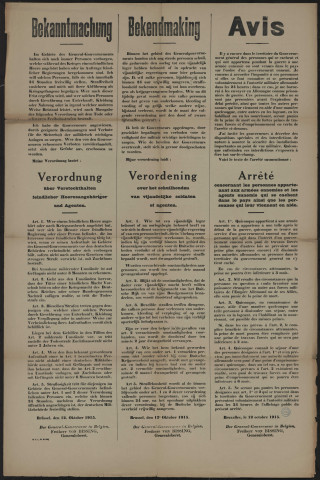 Versteckthalten feindlicher Heeresangehöriger und Agenten = Het schuilhouden van vijandelijke soldaten of agenten = Les personnes appartenant aux armées ennemies et les agents qui se cachent dans le pays ainsi que les personnes qui leur viennent en aide