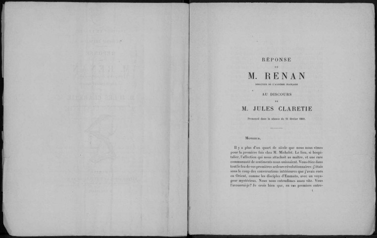 Institut de France. Académie française. Réponse de M. Renan, Directeur de l'Académie française au discours de M. Jules Claretie, prononcé dans la séance du 21 février 1889