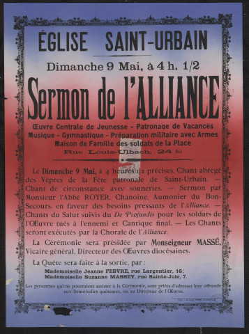 Eglise Sainte-Urbain : sermon de l'Alliance