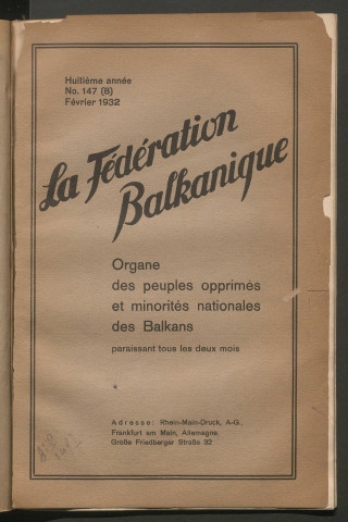 Février 1932 - La Fédération balkanique