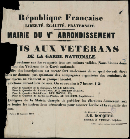 Avis aux vétérans de la Garde Nationale : inscriptions… Elections…
