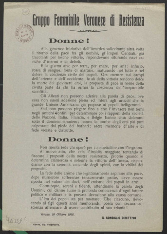 Guerre mondiale 1914-1918. Italie. Gruppo femminile veronese di resistenza