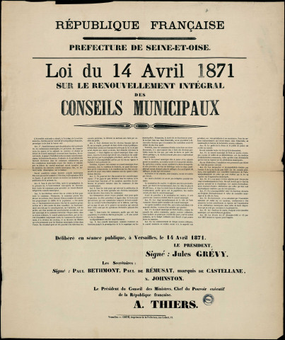 Loi du 14 Avril 1871 sur le renouvellement intégral des Conseils Municipaux