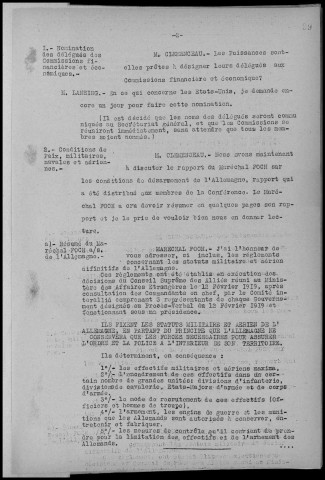 Procès verbal de la 16ème session du Conseil supérieur de Guerre, 3 mars 1919 à 15 heures. Sous-Titre : Conférences de la paix