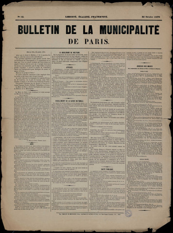 Bulletin de la municipalité de Paris n° 13 : affiches… Habillement de la garde nationale…
