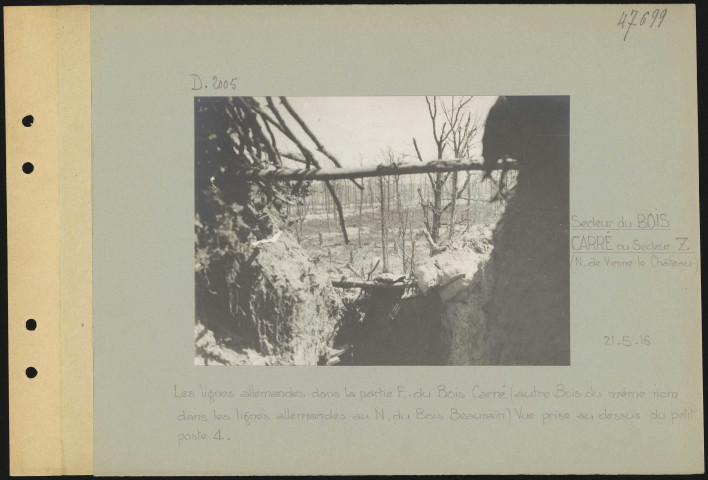 Secteur du Bois Carré ou Secteur Z (nord de Vienne-le-Château). Les lignes allemandes dans la partie est du Bois Carré (autre bois du même nom dans les lignes allemandes au nord du Bois Beaurain). Vue prise au-dessus du petit poste 4