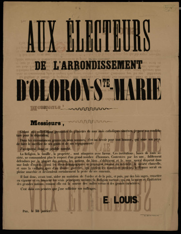 Aux électeurs de l'arrondissement d'Oloron-Ste-Marie : E. Louis