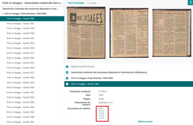 Capture d'écran d'une notice de Voix et visages. Les liens vers les PDF sont encadrés.