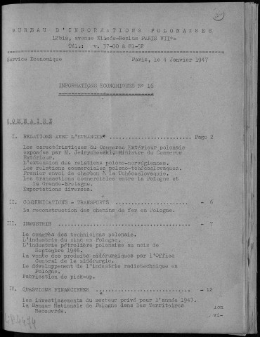 Bulletin économique (1947: n°16 - n°28)  Autre titre : Supplément du Bulletin du Bureau d'Informations Polonaises