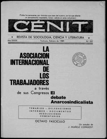 Cénit (1989 ; n° 257-259). Sous-Titre : Revista de sociología, ciencia y literatura
