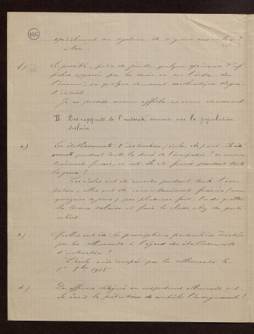 Valenciennes (59) : réponses au questionnaire sur le territoire occupé par les armées allemandes