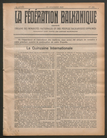 Novembre 1928 - La Fédération balkanique