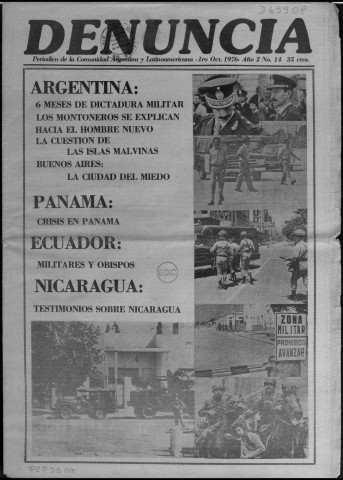 Denuncia. N°14, 1ro de octubre 1976. Sous-Titre : Periódico de la comunidad argentina y latinoamericana