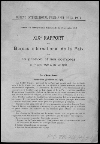 XIXe rapport du Bureau international de la paix sur sa gestion et ses comptes du 1er juillet 1909 au 30 juin 1910