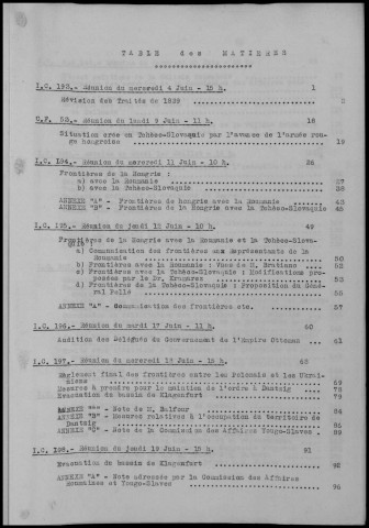 TABLE DES MATIERES : Conférences de Paix. Procès Verbaux et Résolutions.- Conférences et réunions du 4 juin au 10 juillet 1919. Sous-Titre : Conférences de la paix