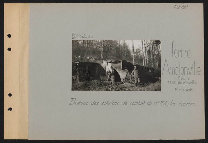 Ferme Amblonville (près) (nord-ouest de Mouilly). Bivouac des échelons de combat du 17e RA ; les écuries