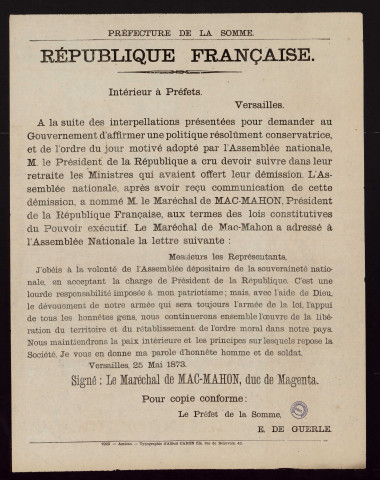 L'Assemblée nationale A nommé M. le Maréchal de Mac-Mahon, Président de la République
