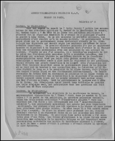 Agence Télégraphique Polonaise P. A. T. (1944 : n° 1-30;32)Autre titre : Devient en janvier 1946 : Bulletin de l'Agence Télégraphique Polonaise P. A. T., puis en octobre 1946 : Bulletin de Pologne