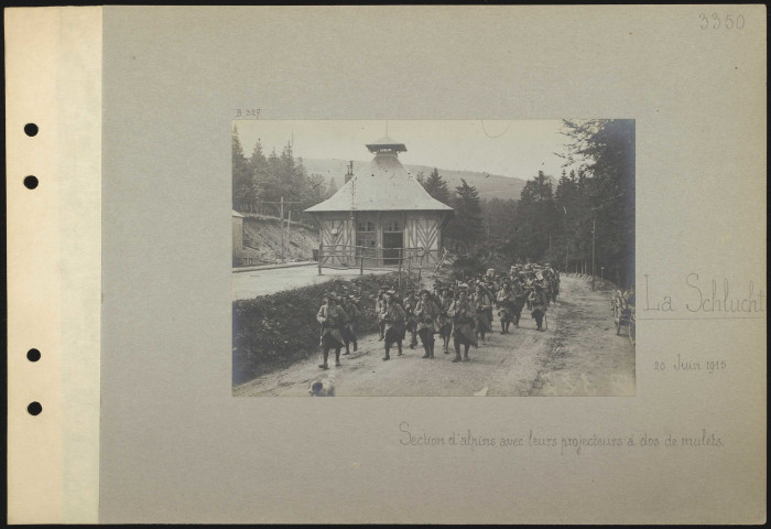 La Schlucht. Section d'alpins avec leurs projecteurs à dos de mulets