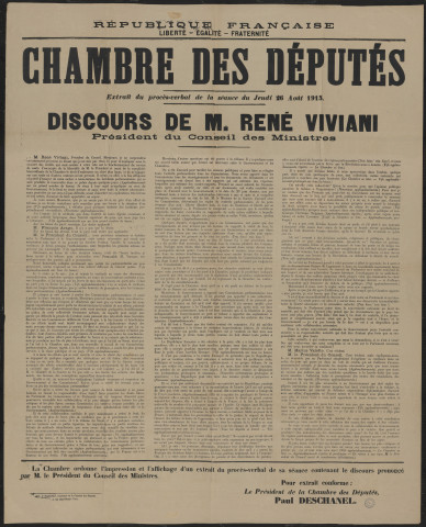 Chambre des députés : extrait du procès-verbal de la séance du jeudi 26 août 1915. Discours de M. René Viviani, président du Conseil des ministres
