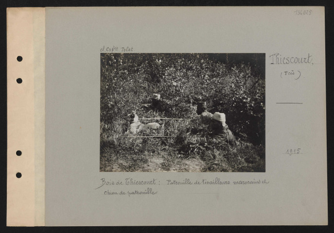Thiescourt (près). Bois de Thiescourt : patrouille de tirailleurs marocains et chien de patrouille