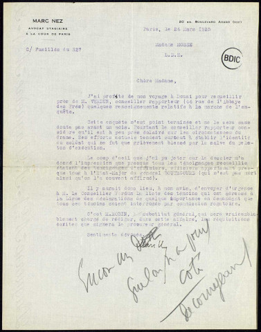 Correspondances et préparation du procès. 26 mars 1926 au 16 décembre 1926Sous-Titre : Fusillés de la grande guerre. Campagne de réhabilitation de la Ligue des Droits de l'Homme