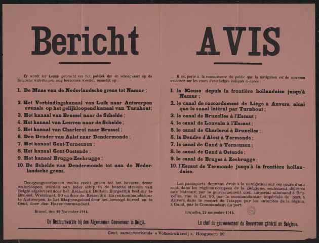 Er wordt ter'kennis gebracht van het publiek dat de scheepvaart op de Belgische waterloopen mag hernomen worden, namelijk op = Il est porté à la connaissance du public que la navigation est de nouveau autorisée sur les cours d'eau belges indiqués ci-après