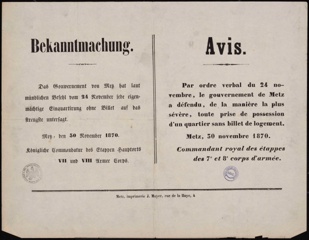 Einquartirung ohne Billet auf das strengste untersagt = Prise de possession d'un quartier sans billet de logement