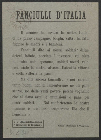 Guerre mondiale 1914-1918. Italie. Propagande patriotique, tracts, documents